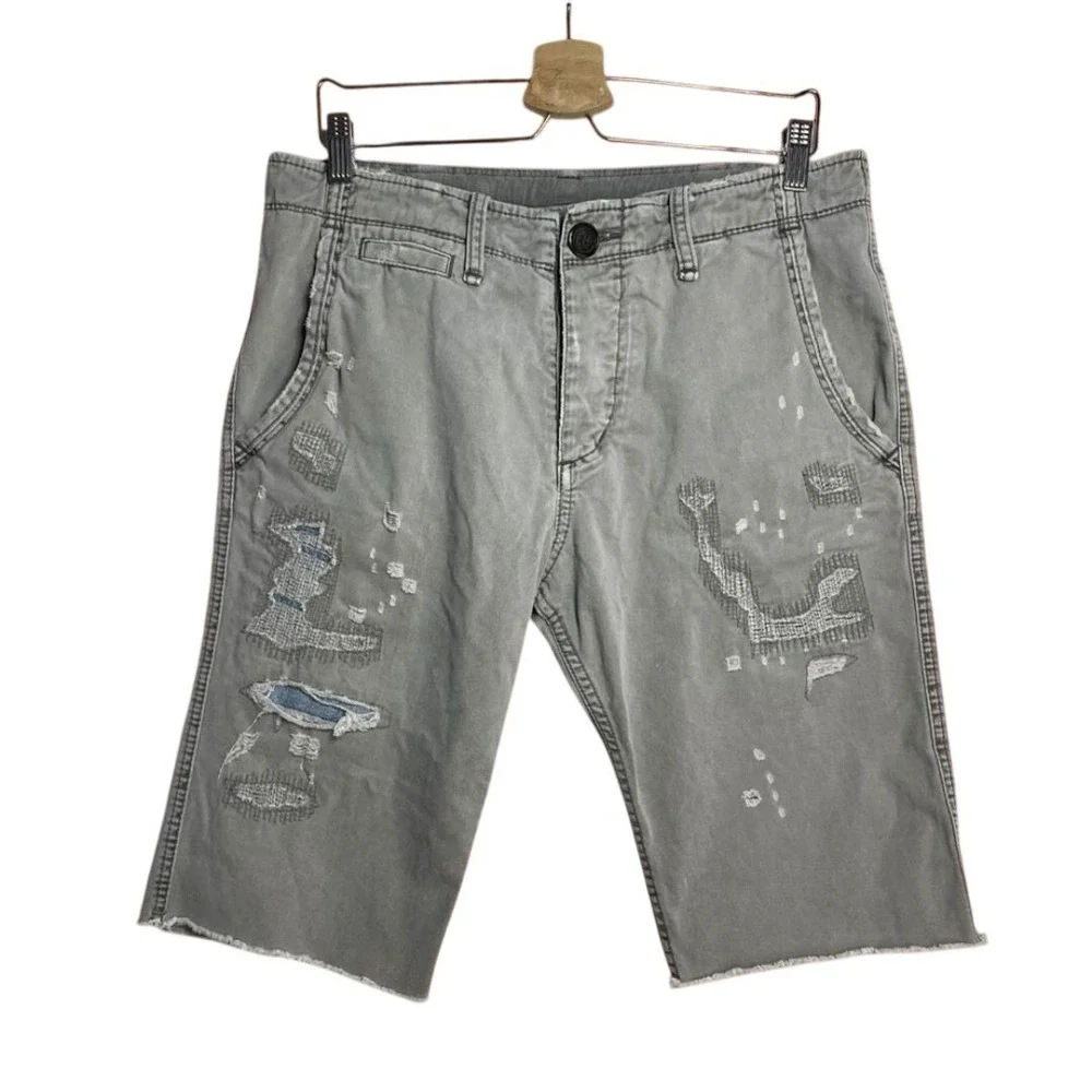 True‎ Religion Mens Denim Shorts Gray Distressed Ripped Frayed Hem Sample Rare